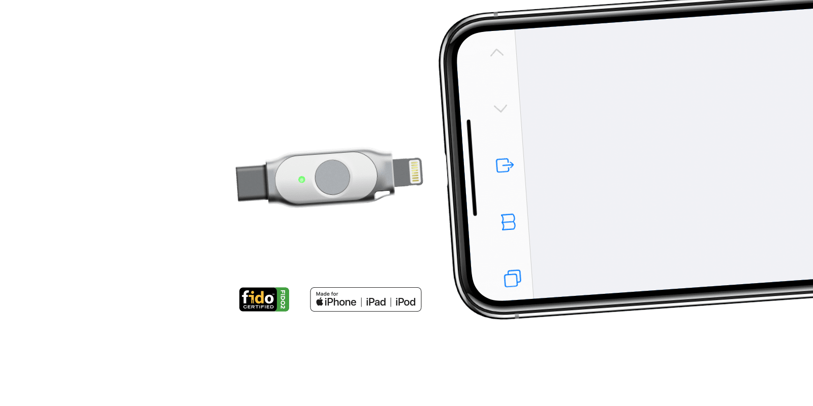 iePass FIDO Security Key, with built-in Apple Lightning &  USB-C dual interface, Apple device companion